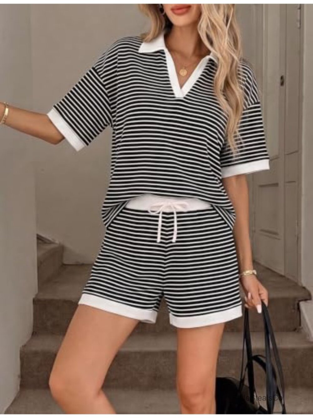 Women's 2 Piece Shorts Set Striped Waffle Knit Matching Outfit V-Neck - Picture 3 of 5